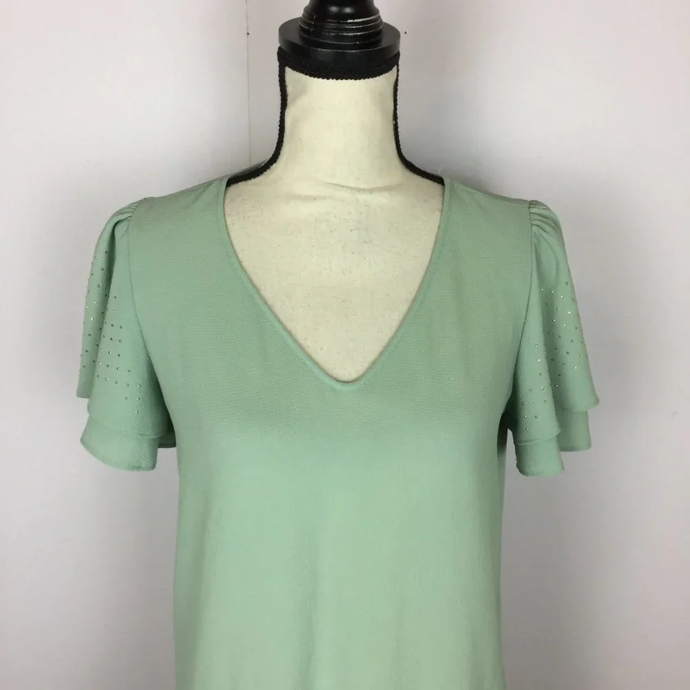 Michael Kors Peplum Blouse Top Size S Womans Green V-Neck Layered Flutter Sleeve - Picture 3 of 12